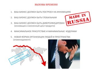 ВЫЗОВЫ ВРЕМЕНИ 
1. ВАШ БИЗНЕС ДОЛЖЕН БЫТЬ ПОСТРОЕН НА ИННОВАЦИЯХ 
2. ВАШ БИЗНЕС ДОЛЖЕН БЫТЬ ГЛОБАЛЬНЫМ 
3. ВАШ БИЗНЕС ДОЛЖЕН БЫТЬ ДИВЕРСИФИЦИРОВАН 
(инновации и жизненный цикл продукта) 
4. МАКСИМАЛЬНОЕ ПРИСУТСТВИЕ И МИНИМАЛЬНЫЕ ИЗДЕРЖКИ 
5. НОВАЯ ФОРМА ОРГАНИЗАЦИИ ЛЮДЕЙ И ПРОСТРАНСТВА 
(эгоменеджмент) 
СИНЕРГИЯ 
ПЛАНОВ РАЗВИТИЯ 
 
