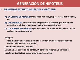 GENERACIÓN DE HIPÓTESIS 
•ELEMENTOS ESTRUCTURALES DE LA HIPÓTESIS: A)-LA UNIDAD DE ANÁLISIS: Individuos, familias, grupos, casas, instituciones, etc. B)-LAS VARIABLES: características, propiedades o factores que presenta la unidad de análisis y pueden ser cualitativas o cuantitativas. C)-LOS ELEMENTOS LÓGICOS:Querelacionan las unidades de análisis con las variables y a estas entre sí. 
Ejemplo: 
“Los niños que nacen con circular del cordón umbilical desarrollan una conducta hiperactiva e irritable”. 
La unidad de análisis: Los niños. 
Las variables: I; circular del cordón, D; conducta hiperactiva e irritable. 
Los elementos lógicos: desarrollan o no desarrollan.  