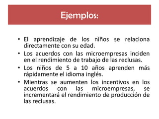 Ejemplos: 
•Elaprendizajedelosniñosserelacionadirectamenteconsuedad. 
•Losacuerdosconlasmicroempresasincidenenelrendimientodetrabajodelasreclusas. 
•Losniñosde5a10añosaprendenmásrápidamenteelidiomainglés. 
•Mientrasseaumentenlosincentivosenlosacuerdosconlasmicroempresas,seincrementaráelrendimientodeproduccióndelasreclusas.  