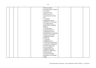 22 
Использовать 
приобретенные знания 
и умения в 
практической 
деятельности и 
повседневной жизни 
для: 
- создания 
информационных 
объектов, в том числе 
для оформления 
результатов учебной 
работы; 
- организации 
индивидуального 
информационного 
пространства, создания 
личных коллекций 
информационных 
объектов; 
- передачи 
информации по 
телекоммуникационны 
м каналам в учебной и 
личной переписке, 
использования 
информационных 
ресурсов общества с 
соблюдением 
соответствующих 
правовых и этических 
норм. 
© Яр ославцев Виктор Леонидович, у читель инфор матики МКОУ СОШ № 7 г. Слободского 
 