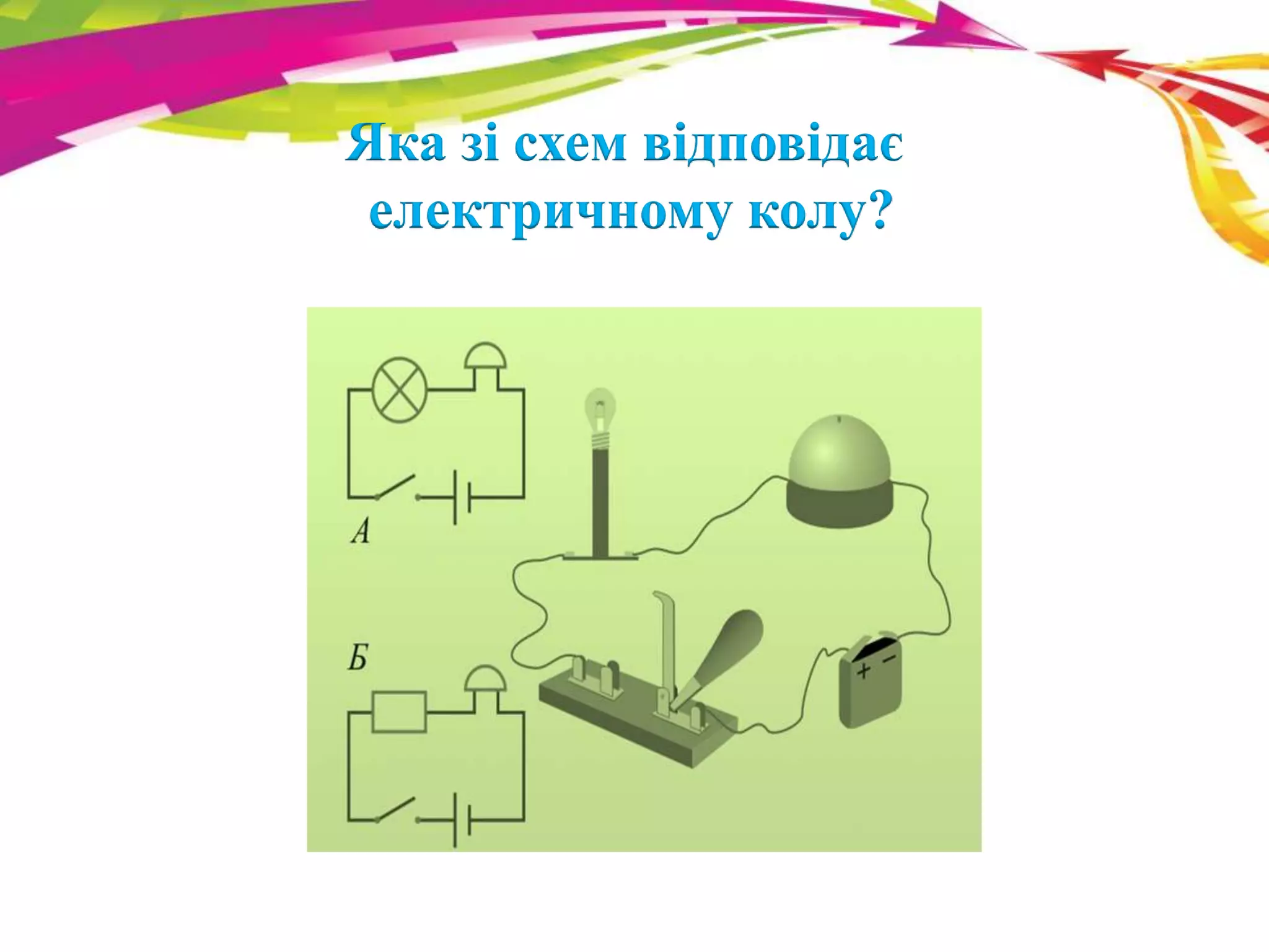 Яка зі схем відповідає 
електричному колу? 
 