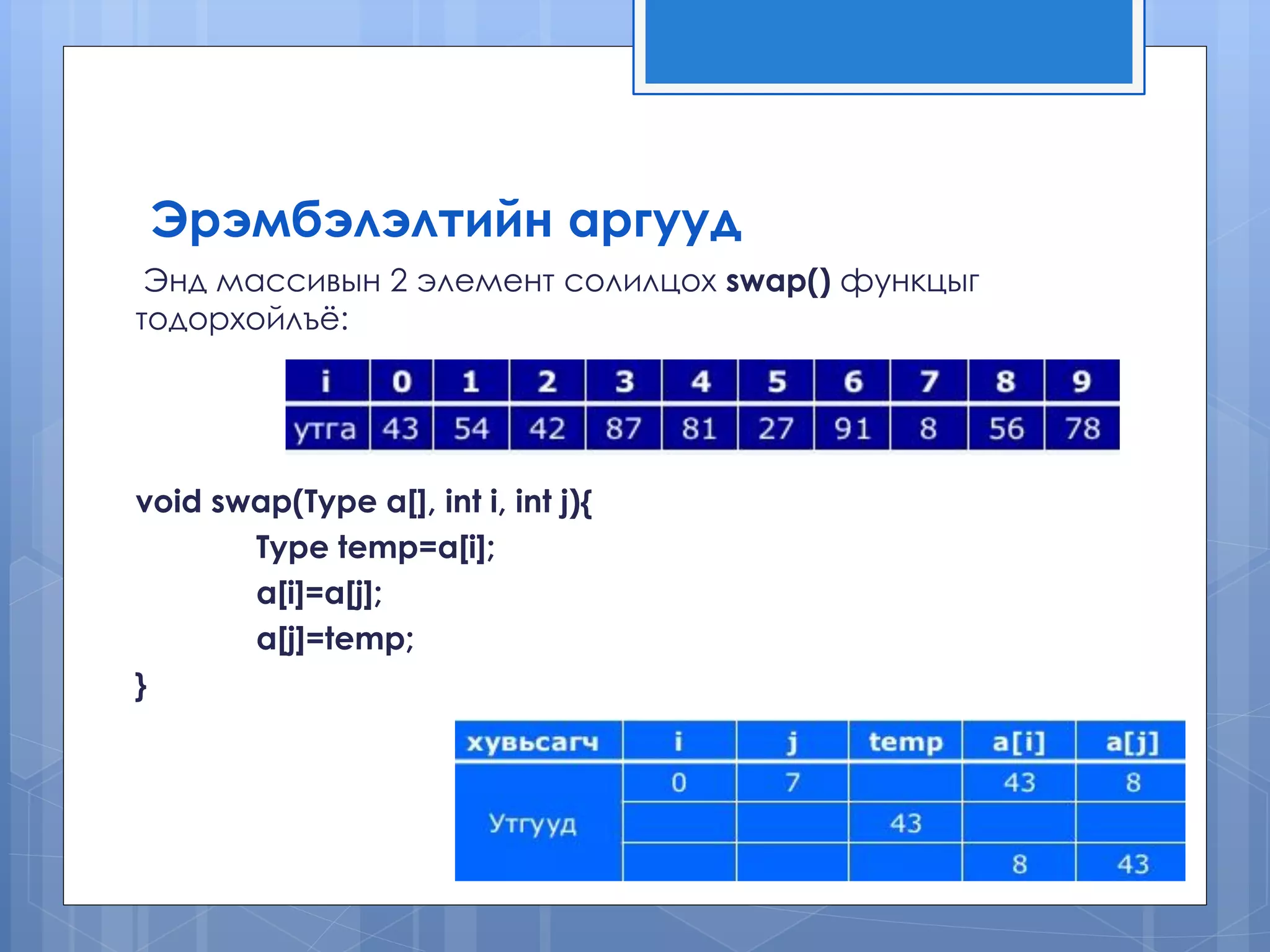 Эрэмбэлэлтийн аргууд 
Энд массивын 2 элемент солилцох swap() функцыг тодорхойлъѐ: 
void swap(Type a[], int i, int j){ 
Type temp=a[i]; 
a[i]=a[j]; 
a[j]=temp; 
} 
 