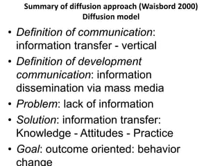 Summary of diffusion approach (Waisbord 2000) 
Diffusion model 
• Definition of communication: 
information transfer - vertical 
• Definition of development 
communication: information 
dissemination via mass media 
• Problem: lack of information 
• Solution: information transfer: 
Knowledge - Attitudes - Practice 
• Goal: outcome oriented: behavior 
change 
 