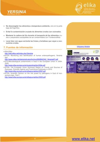 4 
YERSINIA 28 de febrero de 2013 
www.elika.net 
• No descongelar los alimentos a temperatura ambiente, sino en la parte baja del frigorífico. 
• Evitar la contaminación cruzada de alimentos crudos con cocinados. 
• Mantener la cadena de frío durante el transporte de los alimentos cru- dos o preparados susceptibles de ser contaminados con Y.enterocolítica. 
• Lavar bien con agua corriente las frutas y hortalizas que vayan a con- sumirse crudas. 
7. Fuentes de información 
• Wiki-Elika 
http://wiki.elika.net/index.php/Yersinia 
• EFSA- Monitoring and identification of human enteropathogenic Yersinia spp. 
http://www.elika.net/datos/articulos/Archivo269/BIHOAZ_Yersinia07.pdf 
• DTU-Microbiological contaminants in food in the European Union in 2004- 2009 
http://www.efsa.europa.eu/en/supporting/doc/249e.pdf 
• EFSA- The European Union Summary Report on Trends and Sources of Zoonoses, Zoonotic Agents and Food-borne Outbreaks in 2010. 
http://www.efsa.europa.eu/en/efsajournal/doc/2597.pdf 
• EFSA- Scientific Opinion on the risk posed by pathogens in food of non- animal origin. Part I. 
http://www.efsa.europa.eu/en/efsajournal/doc/3025.pdf 
5 
4 
Infograma Yersinia 
