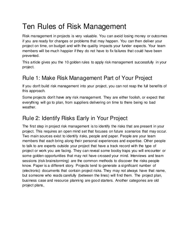 Ten rules of project risk management