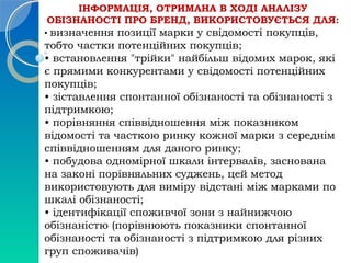 ІНФОРМАЦІЯ, ОТРИМАНА В ХОДІ АНАЛІЗУ 
ОБІЗНАНОСТІ ПРО БРЕНД, ВИКОРИСТОВУЄТЬСЯ ДЛЯ: 
• визначення позиції марки у свідомості покупців, 
тобто частки потенційних покупців; 
• встановлення "трійки" найбільш відомих марок, які 
є прямими конкурентами у свідомості потенційних 
покупців; 
• зіставлення спонтанної обізнаності та обізнаності з 
підтримкою; 
• порівняння співвідношення між показником 
відомості та часткою ринку кожної марки з середнім 
співвідношенням для даного ринку; 
• побудова одномірної шкали інтервалів, заснована 
на законі порівняльних суджень, цей метод 
використовують для виміру відстані між марками по 
шкалі обізнаності; 
• ідентифікації споживчої зони з найнижчою 
обізнаністю (порівнюють показники спонтанної 
обізнаності та обізнаності з підтримкою для різних 
груп споживачів) 
 
