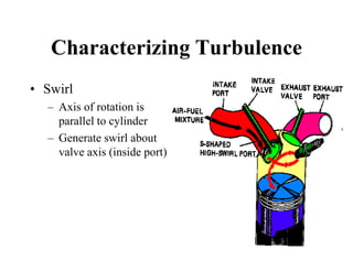 Characterizing Turbulence 
•Swirl 
–Axis of rotation is parallel to cylinder 
–Generate swirl about valve axis (inside port)  