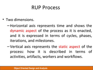 Object Oriented Design and Analysis
RUP Process
• Two dimensions.
–Horizontal axis represents time and shows the
dynamic aspect of the process as it is enacted,
and it is expressed in terms of cycles, phases,
iterations, and milestones.
–Vertical axis represents the static aspect of the
process: how it is described in terms of
activities, artifacts, workers and workflows.
 