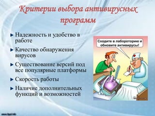 Критерии выбора антивирусных
программ
Надежность и удобство в
работе
Качество обнаружения
вирусов
Существование версий под
все популярные платформы
Скорость работы
Наличие дополнительных
функций и возможностей
 