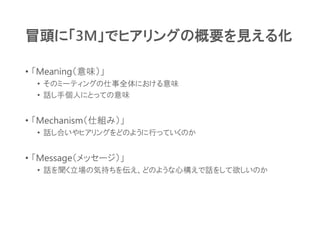 冒頭に「3M」でヒアリングの概要を見える化
• 「Meaｎing（意味）」
• そのミーティングの仕事全体における意味
• 話し手個人にとっての意味
• 「Mechanism（仕組み）」
• 話し合いやヒアリングをどのように行っていくのか
• 「Message（メッセージ）」
• 話を聞く立場の気持ちを伝え、どのような心構えで話をして欲しいのか
 