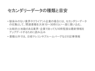 セカンダリーデータの種類と目安
• 馴染みのない業界やクライアント企業の場合には、セカンダリーデータ
の収集として、関連書籍を大体10～30冊くらい一度に買い込む。
• 比較的土地勘のある業界・企業であっても10冊程度は最新情報を
アップデートするために読み込み
• 書籍以外では、日経テレコンやブルームバーグなどの記事情報
 