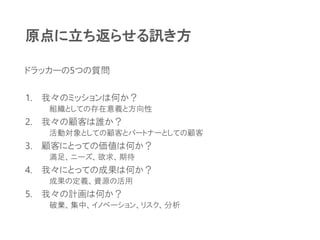 原点に立ち返らせる訊き方
ドラッカーの5つの質問
1. 我々のミッションは何か？
組織としての存在意義と方向性
2. 我々の顧客は誰か？
活動対象としての顧客とパートナーとしての顧客
3. 顧客にとっての価値は何か？
満足、ニーズ、欲求、期待
4. 我々にとっての成果は何か？
成果の定義、資源の活用
5. 我々の計画は何か？
破棄、集中、イノベーション、リスク、分析
 