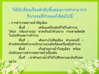 1. การสารวจสภาพน้าที่คูเมือง
ขั้นที่ 1 เตรียมเครื่องมือที่ใช้ในสารวจ
ได้แก่ กล้องถ่ายรูป ขวดเก็บน้าตัวอย่าง กระดาษลิตมัส
ใบบันทึกผลการสารวจ
ขั้นที่ 2 เดินทางไปที่คูเมือง ตาแหน่งที่ 1
ด้านทิศเหนือด้วยรถจักรยานยนต์พร้อมเครื่องมือสารวจ
ขั้นที่ 3 เก็บตัวอย่างน้าในคูเมือง พร้อม
บันทึกผลการสารวจสภาพน้าเบื้องต้น
ขั้นที่ 4 นาตัวอย่างน้าที่ได้ไปศึกษาและบันทึกผล
ต่อไป
 