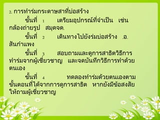 2. การทาร่มกระดาษสาที่บ่อสร้าง
ขั้นที่ 1 เตรียมอุปกรณ์ที่จาเป็น เช่น
กล้องถ่ายรูป สมุดจด.
ขั้นที่ 2 เดินทางไปยังร่มบ่อสร้าง .อ.
สันกาแพง
ขั้นที่ 3 สอบถามและดูการสาธิตวิธีการ
ทาร่มจากผู้เชี่ยวชาญ และจดบันทึกวิธีการทาด้วย
ตนเอง
ขั้นที่ 4 ทดลองทาร่มด้วยตนเองตาม
ขั้นตอนที่ได้จากการดูการสาธิต หากยังมีข้อสงสัย
ให้ถามผู้เชี่ยวชาญ
 