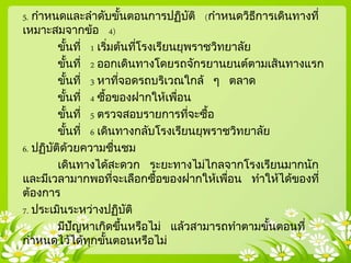5. กาหนดและลาดับขั้นตอนการปฏิบัติ (กาหนดวิธีการเดินทางที่
เหมาะสมจากข้อ 4)
ขั้นที่ 1 เริ่มต้นที่โรงเรียนยุพราชวิทยาลัย
ขั้นที่ 2 ออกเดินทางโดยรถจักรยานยนต์ตามเส้นทางแรก
ขั้นที่ 3 หาที่จอดรถบริเวณใกล้ ๆ ตลาด
ขั้นที่ 4 ซื้อของฝากให้เพื่อน
ขั้นที่ 5 ตรวจสอบรายการที่จะซื้อ
ขั้นที่ 6 เดินทางกลับโรงเรียนยุพราชวิทยาลัย
6. ปฏิบัติด้วยความชื่นชม
เดินทางได้สะดวก ระยะทางไม่ไกลจากโรงเรียนมากนัก
และมีเวลามากพอที่จะเลือกซื้อของฝากให้เพื่อน ทาให้ได้ของที่
ต้องการ
7. ประเมินระหว่างปฏิบัติ
มีปัญหาเกิดขึ้นหรือไม่ แล้วสามารถทาตามขั้นตอนที่
กาหนดไว้ได้ทุกขั้นตอนหรือไม่
 