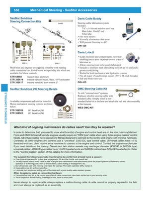 550
STEERING&CONTROLS
Mechanical Steering - SeaStar Accessories
SeaStar Solutions 290 Steering Bezels
Available components and service items for
Morse mechanical steering systems are listed
below.
STR 308559 90° Bezel for 290
STR 308561 20° Bezel for 290
In order to determine that, you need to know what brand(s) of engine and control head are on the boat. Mercury/Mariner/
Force and OMC/Johnson/Evinrude engines usually require an “OEM type” cable when using those engine makers’ control
Generally, all other engines and controls use a “universal” 3300/33C type control cable. Universal cables have 10-32
threaded ends and often require extra hardware to connect to the engine and control. Contact the engine manufacturer
if you need details on the hookup. Diesels and twin station vessels may use larger diameter (4300/43 or 6400/64 type)
to the “Control Cables” section of this catalog for more information.
We suggest the following periodic maintenance be performed at least twice a season:
a. Check overall operation for proper gear engagement, full and idle throttle, and overall feel.
b. Visually inspect control head, cable as well as engine and transmission cable attachment points for proper tightness of fasteners, correct
d. Keep cable ends dirt and corrosion free.
e. Lubricate pivot points and sliding parts of the cable with a good quality water-resistant grease.
and must always be replaced as an assembly.
Most boats and engines are supplied complete with steering
cable connection kits. Listed below are speciality kits which are
available for Morse controls.
STR 64480 Support tube, aluminum
STR 300614 Inboard transom mount, Volvo, 1977 and earlier
STR 300617 Inboard stand-off, short bracket 2"
64480
SeaStar Solutions
Steering Connection Kits
300614 300617
OMC Steering Cable Kit
Replaces obsolete steering cable with
standard cable. Simply install a new
standard helm kit in the boat and attach the ball and tube assembly
at the transom.
WES OMC-KIT
Davis Lube II
Keeps moisture and contaminants out while
enabling you to pour or pump several types of
lubricant in
Allows steering rods to be easily lubricated
Includes a stainless steel lubricating nut with an oil seal and a
Works for both mechanical and hydraulic systems
Fits all major US and foreign motors (7/8" x 14 pitch threads)
Salt and fresh water use
DIN 425
Davis Cable Buddy
Steering cable lubrication system
Includes:
7/8" x 14 thread stainless steel nut
Max-Lube, 90ml (3 oz)
Filler tube
Fits most motors
Virtually eliminates cable wear
Will prevent freezing to -40o
DIN 420
 