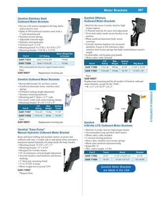 567
STEERING&CONTROLS
Garelick "Easy Pump"
Manual Hydraulic Outboard Motor Bracket
Raise and lower trolling and auxiliary motors on power and
sailboats with ease. A simple side to side pump action activates a
marinized manual hydraulic lift pump inside the body bracket.
Mounting board: 15-3/4" x 14" x 2"
Mounting bracket: 11" x 9-3/4"
Designed for 4 stroke motors
14" of continuous vertical height adjustment
Aircraft stainless steel hardware and bronze
bushings
2" thick poly mounting board
7.5 to 25 H.P. 4 stroke
Motor weight not to exceed 125#
GAR 71092*
*Request Item
Parts:
GAR 99057
motor brackets, except for the 71044.
W: 11.5" x H: 10.75" x D: 2"
Garelick Offshore
Outboard Motor Brackets
Built for the newer 4 stroke, heavier, high
torque engines
5 Position lock bar for more trim adjustment
Twist lock safety knobs secure bracket in up
position
Black anodized aluminum body resists
corrosion
Aircraft stainless hardware for increased
durability. Easier to lift with heavy-duty
stainless steel torsion springs that help counterbalance motor's
weight
Comfortable, soft hypalon grip handle
Motor safety cable included
Part #
H.P.
Rating
Max.
Weight
Vertical
Travel Mtg Board
GAR 71090 7.5 to 30 169 lbs 9-1/2" 11-1/2" x 10-3/4"
GAR 71091 7.5 to 25 175 lbs 15-1/2" 11-1/2" x 12"
Garelick Stainless Steel
Outboard Motor Brackets
For use with motors equipped with long shafts
and/or electric start
Made of 304 reinforced stainless steel with a
2" poly mounting pad
Stainless torsion springs
Adjustable transom angle
Stainless steel guide pins
Vertical travel: 11-1/4"
Mounting board: 9-1/2"W x 10-1/4"H x 2"T
Mounting bracket: 7-5/8"W x 7-1/8"H
Part # H.P. Rating
Motor Weight Not
to Exceed
GAR 71033 Over 7-1/2 to 25† 118 lbs
GAR 71056 Over 7-1/2 to 20 115 lbs
†Recommended for heavier import brand motors
Parts:
GAR 99057 Replacement mounting pad
Motor Brackets
Garelick Outboard Motor Brackets
Retractable bracket for auxiliary motors
Anodized aluminum frame, stainless steel
springs
4-Position locking height adjustment
Stainless mounting hardware
Mounting pad 2" thick x 11.5" wide
For newer, wider style motor locking clamps
Mounting bracket: W x H: 5-1/4" x 9"
Part #
H.P.
Rating
Max.
Weight
Vertical
Travel
GAR 71057 7.5 to 20 115 lbs 11-1/4"
GAR 71042 7.5 to 12 82 lbs 14-1/4"
Parts:
GAR 99057 Replacement mounting pad Garelick
4-Stroke LITE Outboard Motor Brackets
Built for 4-stroke, heavier, high torque motors
Accommodates long and short shaft motors
Motor safety cable included
5 vertical running positions
Heavy duty stainless steel torsion springs
Black satin anodized aluminum body
Rated HP: 15
Max. motor weight: 115 lbs
Part # Travel Board Bracket
GAR 71093 9-1/2" 11-1/2" x 10-3/4" x 2" 8" x 9"
GAR 71094 15-1/2" 11-1/2" x 12" x 2" 10" x 9-3/4"
7109471093
Garelick Motor Brackets
are Made in the USA
 