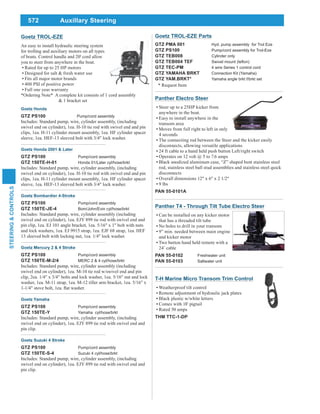 572
STEERING&CONTROLS
Auxillary Steering
GTZ PMA 001 Hyd. pump assembly for Trol Eze
GTZ PS100 Pump/cord assembly for Trol-Eze
GTZ TEB008 Cylinder only
GTZ TEB004 TEF
GTZ TEC-PM 4 wire Series 1 control cord
GTZ YAMAHA BRKT Connection Kit (Yamaha)
GTZ YAM.BRKT* Yamaha angle brkt f/brkt set
* Request Item
Goetz TROL-EZE Parts
Panther Electro Steer
Steer up to a 25HP kicker from
anywhere in the boat.
Easy to install anywhere in the
transom area
Moves from full right to left in only
4 seconds
The connecting rod between the Steer and the kicker easily
disconnects, allowing versatile applications
24 ft cable to a hand held push button Left/right switch
Operates on 12 volt @ 5 to 7.6 amps
Black anodized aluminum case, “Z” shaped bent stainless steel
rod, stainless steel ball stud assemblies and stainless steel quick
disconnects
Overall dimensions 12" x 6" x 2 1/2"
9 lbs
PAN 55-0101A
Panther T4 - Through Tilt Tube Electro Steer
Can be installed on any kicker motor
that has a threaded tilt tube
No holes to drill in your transom
9” min. needed between main engine
and kicker motor
Two button hand held remote with a
24’ cable
PAN 55-0102 Freshwater unit
PAN 55-0103 Saltwater unit
Goetz TROL-EZE
An easy to install hydraulic steering system
for trolling and auxiliary motors on all types
of boats. Control handle and 20' cord allow
you to steer from anywhere in the boat.
Rated for up to 25 HP motors
Designed for salt & fresh water use
Fits all major motor brands
400 PSI of positive power
Full one year warranty
*Ordering Note* A complete kit consists of 1 cord assembly
& 1 bracket set
Goetz Honda
GTZ PS100 Pump/cord assembly
Includes: Standard pump, wire, cylinder assembly, (including
swivel end on cylinder), 1ea. H-10 tie rod with swivel end and pin
clips, 1ea. H-11 cylinder mount assembly, 1ea. HF cylinder spacer
sleeve, 1ea. HEF-13 sleeved bolt with 3/4" lock washer.
Goetz Honda 2001 & Later
GTZ PS100 Pump/cord assembly
GTZ 150TE-H-01 Honda 01/Later cyl/hose/brkt
Includes: Standard pump, wire, cylinder assembly, (including
swivel end on cylinder), 1ea. H-10 tie rod with swivel end and pin
clips, 1ea. H-11 cylinder mount assembly, 1ea. HF cylinder spacer
sleeve, 1ea. HEF-13 sleeved bolt with 3/4" lock washer.
Goetz Bombardier 4-Stroke
GTZ PS100 Pump/cord assembly
GTZ 150TE-JE-4 Bom/John/Evin cyl/hose/brkt
Includes: Standard pump, wire, cylinder assembly (including
swivel end on cylinder), 1ea. EJY 899 tie rod with swivel end and
pin clip, 1ea. EJ 101 angle bracket, 1ea. 5/16" x 1" bolt with nuts
and lock washers, 1ea. EJ 9915 strap, 1ea. EJF 68 strap, 1ea. HEF
13 sleeved bolt with locking nut, 1ea. 1/4" lock washer.
Goetz Mercury 2 & 4 Stroke
GTZ PS100 Pump/cord assembly
GTZ 150TE-M-2/4 MERC 2 & 4 cyl/hose/brkt
Includes: Standard pump, wire, cylinder assembly (including
swivel end on cylinder), 1ea. M-10 tie rod w/swivel end and pin
clip, 2ea. 1/4" x 3/4" bolts and lock washer, 1ea. 5/16" nut and lock
washer, 1ea. M-11 strap, 1ea. M-12 tiller arm bracket, 1ea. 5/16" x
Goetz Yamaha
GTZ PS100 Pump/cord assembly
GTZ 150TE-Y Yamaha cyl/hose/brkt
Includes: Standard pump, wire, cylinder assembly, (including
swivel end on cylinder), 1ea. EJY 899 tie rod with swivel end and
pin clip.
Goetz Suzuki 4 Stroke
GTZ PS100 Pump/cord assembly
GTZ 150TE-S-4 Suzuki 4 cyl/hose/brkt
Includes: Standard pump, wire, cylinder assembly, (including
swivel end on cylinder), 1ea. EJY 899 tie rod with swivel end and
pin clip.
T-H Marine Micro Transom Trim Control
Weatherproof tilt control
Remote adjustment of hydraulic jack plates
Black plastic w/white letters
Comes with 18' pigtail
Rated 50 amps
THM TTC-1-DP
 