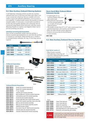 574
STEERING&CONTROLS
Auxillary Steering
Kit # Main Engine
Connecting
Rod
Swim
Platform
EZS 20002 OMC STD 23-36” No
EZS 22002 OMC Cobra STD 23-36” No
EZS 30002 Mercruiser (Alpha I) STD 23-36” No
EZS 30003 Mercruiser (Alpha I) Long 29-50” Yes
EZS 37002 Mercruiser (Alpha I-2G) STD 23-36” No
EZS 40002 Volvo (Pre 1989) STD 23-36” No
EZS 41003 Volvo (Pre 1989) Long 29-50” Yes
EZS 42002 Volvo II STD 23-36” No
EZS 43003 Volvo II Long 29-50” Yes
EZS 44002 Volvo SX STD 23-36” No
EZS 45003 Volvo SX Long 29-50” Yes
EZS 60001 Outboard Short 19-27” No
EZS 60002 Outboard STD 23-36” No
EZS 60003 Outboard Long 29-50” No
EZS 70001 Sailboat Rudder STD 19-29” No
Main bracket assembly
Self-adjusting connecting rod
Auxiliary outboard bracket assembly
All necessary hardware
Parts:
EZS 10300 Outer Tube ball joint
EZS 10400 Inner Tube ball joint
EZS 11000 Detent Kit assembly
EZS 13200 Brass quick connector only
EZS 18020 Mounting Bands for O/B brackets (Pair)
EZS 18710 Restrictor cord assembly (all models)
10300
To order specify your main engine type and rod length required.
main engine to the centre of your auxiliary with both engines
down and straight ahead.
E.Z. Steer Auxiliary Outboard Steering Systems
13200
Davis Handi-Mate Outboard Motor
Extension Handle
A lightweight (16 oz)
extension handle with a non-
slip comfort grip
Polycarbonate head clamps
over the existing handle grip
on virtually all twist grip
outboard motors
The handle extends from 30" to 47" and is constructed from
anodized aluminum with stainless steel hardware
Does not affect throttle tension adjustment
Features an access hole for the kill button
2 year warranty
DIN 1440
30010
E.Z. Steer Auxiliary Outboard Steering Systems
A self-adjusting connecting rod lets you pilot any auxiliary
outboard motor up to 25 hp from your boats main wheel, even
outdrive engine and outboard combination, even if you have a
swim platform. A sailboat model connects the auxiliary to transom
mounted rudders. In most cases a wrench and/or screwdriver
are the only tools needed. Stainless steel connecting rods are
constructed using Dupont Delrin ball joints with brass inserts.
Mounting brackets are stainless steel dipped in black vinyl to
prevent scratching your drives.
Part # Name Length
EZS 10001 Short (19"-29")
EZS 10002 Standard (23"-36")
EZS 10003 Long (29"-50")
EZS 10005 Extra Long (39"-69")
I/O Bracket Assemblies
EZS 30010 Alpha I
EZS 35010 Mercruiser/Bravo
EZS 37010 Mercruiser/Alpha 1-2G (2nd Gen.)
EZS 42010 Volvo II
EZS 44010 Volvo SX
Outboard Bracket Assemblies
EZS 50010 Small O.B. bracket assembly 4"
EZS 50020 Small O.B. bracket assembly 3"
EZS 50070 7” aux. bracket
EZS 52010 Yamaha S/S bracket assembly
EZS 54010 Mercury/Mariner 4-Stroke bracket assembly
EZS 56010 Johnson/Evinrude S/S bracket assembly
EZS 57010 Honda 4S S/S bracket assembly
EZS 59010 Honda 2003 8hp short shaft bracket assem.
EZS 60010 Large O.B. bracket assembly (main drive OB)
EZS 68010 Mercury 90 4S bracket assembly
EZS 69010 Mercury 90 4S bracket assembly square
EZS 74002 Sailboat (Hunter wheel)
EZS 76010 Evinrude E-Tec 20" Shaft bracket assembly
EZS 82010 Yamaha 200 O.B. bracket assembly
EZS 84010 Yamaha F200/225/250 bracket assembly
Individual Connecting Rod Assemblies
Short rod kits are generally needed when the auxiliary is
transom mounted, and standard kits are used when the auxiliary
is mounted on a lift bracket. When hooking up to a Seadrive
or extended bracket outboards, the long, or extra long rods are
required.
50020
 