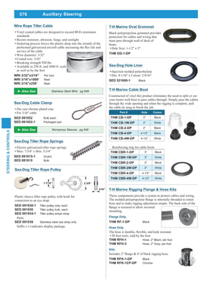 576
STEERING&CONTROLS
Auxillary Steering
Sea-Dog Cable Clamp
Die cast chrome plated zinc
For 3/16" cable
SED 091852 Bulk each
SED 091852-1 Packaged pair
Sea-Dog Tiller Rope Springs
Electro galvanized tiller rope springs
Max: 7-3/4" x Min: 5-3/4"
SED 091815-1 2/card
SED 091815 Bulk
Sea-Dog Tiller Rope Pulley
Plastic sheave tiller rope pulley with hook for
connection to an eye strap.
SED 091930-1 Tiller pulley only, each
SED 091930 Tiller pulley bulk, each
SED 091934-1 Tiller pulley w/eye strap
Parts:
SED 091939 Stainless steel eye strap only
Wire Rope Tiller Cable
Vinyl coated cables are designed to exceed BIA's minimum
standards
Resists moisture, abrasion, fungi, and sunlight
Jacketing process forces the plastic deep into the strands of the
service of the cable
Wire diameter: 3/32"
Coated size: 3/16"
Breaking strength 920 lbs
Available in 250 ft. and 1000 ft. reels
as well as by the foot
WRI 3/32"x3/16" Per foot
WRI 3/16"x1000' Reel
WRI 3/16"x250' Reel
T-H Marine Rigging Flange & Hose Kits
These components provide a system to protect cables and wiring.
hose and to make rigging adjustment simple. The back side of the
mounting.
Flange Only.
THM RF-1-DP Black
Hose Only
50 foot reels, sold by the foot
THM RFH-1 Hose, 2" Black, per foot
THM RFH-3 Hose, 2" Grey, per foot
Kits:
THM RFK-1-DP Black
THM RFK-1CP-DP Chrome
T-H Marine Oval Grommet
Black polypropylene grommet provides
protection for cables and wiring that
must pass through wall of deck of
boats.
Hole Size: 1-1/2" x 3"
THM OG-1-DP
T-H Marine Cable Boot
Constructed of vinyl this product eliminates the need to split or cut
your motor well boot to pass cables through. Simply pass the cables
through the wide opening and when the rigging is complete, pull
Part # Hole Colour
THM CB-1-DP 3" Black
THM CB-1W-DP 3" White
THM CB-2-DP 2" Black
THM CB-4-DP 4-1/2" Black
THM CB-4W-DP 4-1/2" White
Reinforcing ring for cable boots
THM CBR-1-DP 3" Black
THM CBR-1W-DP 3" White
THM CBR-2-DP 2" Black
THM CBR-2W-DP 2" White
THM CBR-4-DP 4-1/2" Black
THM CBR-4W-DP 4-1/2" White
Sea-Dog Hole Liner
Injection molded polyethylene
Dia: 4-1/16" x Cutout: 2-9/16"
SED 521600-1 Black
Stainless Steel Wire pg 949
Nicropress Sleeves pg 949
 