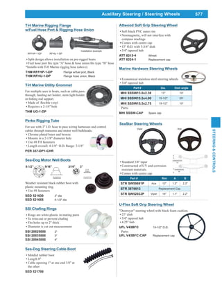 577
STEERING&CONTROLS
Auxillary Steering / Steering Wheels
Marine Hardware Steering Wheels
Economical stainless steel steering wheels
3/4" tapered hub
Part # Dia. Dish angle
MHI SSSW13.0x2.38 13" 10o
MHI SSSW15.5x4.00 15-1/2" 25o
MHI SSSW15.5x2.75 15-1/2" 10o
Parts:
MHI SSSW-CAP Spare cap
Attwood Soft Grip Steering Wheel
Soft black PVC outer rim
Nonmagnetic, will not interfere with
compass readings
Comes with centre cap
13" O.D. with 3-3/8" dish
3/4" tapered hub
ATT 8315-4 Wheel
ATT 8324-1 Replacement cap
U-Flex Soft Grip Steering Wheel
"Destroyer" steering wheel with black foam cushion.
25° dish
3/4" tapered hub
4.25" hub
UFL V43BFC 15-1/2" O.D.
Parts:
UFL V43BFC-CAP Replacement cap
Standard 3/4" taper
Constructed of UV and corrosion
resistant materials.
Comes with centre cap
Part # Rim A B
STR SW59691P Ace 13" 1.3" 2.3"
STR 3876613 Replacement Cap
STR SW52022P Viper 14" 1.1" 2.2"
AceViper
SeaStar Steering Wheels
Sea-Dog Steering Cable Boot
Molded rubber boot
Length 8"
Cable opening 1" at one end 3/8" at
the other
SED 521700
Sea-Dog Motor Well Boots
Weather resistant black rubber boot with
plastic mounting ring.
Use #8 fasteners
SED 521630 3" dia
SED 521655 5-1/2" dia
Rings are white plastic in mating pairs
Fits holes up to 2" thick
Diameter is cut out measurement
SSI 20025000 2"
SSI 20035000 3"
SSI 20045000 4"
Perko Rigging Tube
For use with 2" I.D. hose to pass wiring harnesses and control
cables through transoms and motor well bulkheads.
Chrome plated brass and bronze
Mounts in a 2-1/8" diameter hole
Use #8 FH fasteners
PER 357-DP1-CHR
T-H Marine Utility Grommet
For multiple uses in boats, such as cable pass-
through, landing net holder, stern light holder
Requires a 2-1/4" hole
THM UG-1-DP
Split design allows installation on pre-rigged boats
*Installs with T-H Marine rigging hose (above).
THM RFFHP-1-DP Flange w/fuel port, Black
THM RFHU-1-DP Flange hose union, Black
T-H Marine Rigging Flange
w/Fuel Hose Port & Rigging Hose Union
Installation example
RFFHP-1-DP RFHU-1-DP
 