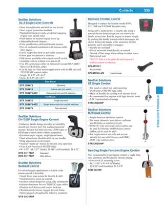535
STEERING&CONTROLS
Controls
SeaStar Solutions
ST Single Control
For panel or wheel box side mounting
Used with a 3300/33C type cable
Recommended for engines with light throttle loads
3.20:1 mechanical advantage
STR CH2400P
SeaStar Solutions
Sailboat Control
For all sail engine applications in which a side
mount control is desirable.
Single lever, dual action for throttle & shift
Neutral engine warm-up control
Surface mount design for quick, tidy installation
Includes hardware for two 3300/33C type cables
Positive shift detents and neutral lock-out
Weatherproof exterior, rugged die cast frame
Meets/exceeds all applicable industry standards
STR CH2100P
SeaStar Solutions
CH1752P Single Engine Control
A balanced handle design provides an incredibly
smooth yet positive feel. For starboard gunwale
mounts. Suitable for both universal (3300 type) or
OEM type control cables without adaptation.
For most single engine, single station boats
Dual action lever (throttle-shift on one handle)
Drag adjustment on all models
Neutral “warm up” button for throttle only operation
Trim & tilt function (CH1752P only)
W: 6.97" x H: 5.37" (body), 10.845" (with handle) x D: 4.75"
STR CH1750P Standard
STR CH1752P With tilt/trim
SeaStar Solutions
MJB Dual Control
Single-function two-lever control
For many inboards, stern drives, sailboats
and Berkeley or similar type jets
3300/33C type universal control cables can
cables can be used for shift
For single-station use only and are not
suitable for use with Mercury and OMC
OEM type control cables
STR CH2500P
Spinlock Throttle Control
Designed to replace the SeaStar model B700,
CH2100P and CH2600P faceplate only.
Using ATCU under power is exactly like using a
normal throttle lever-except you can remove the
handle at any time. Run the engine in neutral simply
by pushing the handle inwards-which disengages the
clutch. Return the handle to the minimum throttle
position, and it smoothly re-engages.
Handle not included
Uses a universal winch handle as control
No risk of line snags when sailing or under power
Waterproof seal
*NOTE* This is a faceplate kit and requires a
SeaStar control to function.
SPI ATCU/1
Accessories:
SPI ATCU-LVR Custom lever
Sea-Dog Single Function Engine Control
This economically priced engine control is made from
Uses #10 F.H. mounting screw
W: 5-5/16" x H: 6-5/16" (body),
12-1/16" (with handle) x D: 3-1/8"
SED 232300
SeaStar Solutions
SL-3 Single Lever Controls
Dual action (throttle and shift in one lever)s
Start in gear protection standard
Neutral interlock prevents accidental engaging
of gear (side mount only)
Push button for neutral engine warm up
Adjustable throttle damper
Firm yet effortless shift and throttle motion
Port or starboard installation with various cable
entry angles
Easily adapted to push or pull cable actuation
Entire gear mechanism is enclosed
Side mount available with engine cut-off switch
Available with or without trim and/or tilt
Use 33C series type cables or Johnson Evinrude/BRP/ OMC/
Mercury OEM style cables
Can be used in a dual station application with the DS unit and
TFXTREME control cables
Single: W: 6.5" x D: 4.65"
Twin: W: 6.5" x D: 7.87"
Side Mount
STR 309473 Standard
STR 309474 Deluxe with trim switch
STR 309475-002 Deluxe with trim and tilt switches
Top Mount
STR 309476 Single standard
STR 309478-002 Single deluxe with trim and tilt switches
STR 309479 Twin standard
 