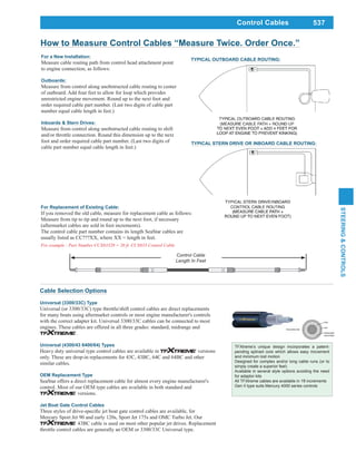 537
STEERING&CONTROLS
Control Cables
TFXtreme’s unique design incorporates a patent-
pending splined core which allows easy movement
and minimum lost motion
Designed for complex and/or long cable runs (or to
simply create a superior feel)
Available in several style options avoiding the need
for adaptor kits
All TFXtreme cables are available in 1ft increments
Gen II type suits Mercury 4000 series controls
Cable Selection Options
Universal (3300/33C) Type
Universal (or 3300/33C) type throttle/shift control cables are direct replacements
for many boats using aftermarket controls or most engine manufacturer's controls
with the correct adapter kit. Universal 3300/33C cables can be connected to most
engines. These cables are offered in all three grades: standard, midrange and
.
Universal (4300/43 6400/64) Types
Heavy duty universal type control cables are available in versions
only. These are drop-in replacements for 43C, 43BC, 64C and 64BC and other
similar cables.
OEM Replacement Type
SeaStar offers a direct replacement cable for almost every engine manufacturer's
control. Most of our OEM type cables are available in both standard and
versions.
Jet Boat Gate Control Cables
Mercury Sport Jet 90 and early 120s, Sport Jet 175s and OMC Turbo Jet. Our
43BC cable is used on most other popular jet drives. Replacement
throttle control cables are generally an OEM or 3300/33C Universal type.
How to Measure Control Cables “Measure Twice. Order Once.”
For a New Installation:
Measure cable routing path from control head attachment point
to engine connection, as follows:
Outboards:
Measure from control along unobstructed cable routing to center
of outboard. Add four feet to allow for loop which provides
unrestricted engine movement. Round up to the next foot and
order required cable part number. (Last two digits of cable part
number equal cable length in feet.)
Inboards & Stern Drives:
Measure from control along unobstructed cable routing to shift
and/or throttle connection. Round this dimension up to the next
foot and order required cable part number. (Last two digits of
cable part number equal cable length in feet.)
TYPICAL OUTBOARD CABLE ROUTING:
TYPICAL STERN DRIVE OR INBOARD CABLE ROUTING:
For Replacement of Existing Cable:
If you removed the old cable, measure for replacement cable as follows:
Measure from tip to tip and round up to the next foot, if necessary
(aftermarket cables are sold in foot increments).
The control cable part number contains its length SeaStar cables are
usually listed as CC???XX, where XX = length in feet.
Control Cable
Length In Feet
 