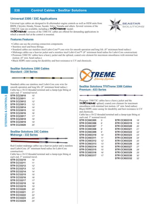 538
STEERING&CONTROLS
Universal 3300 / 33C Applications
BMW, Chrysler, Honda, Nissan, Suzuki, Volvo, Yamaha and others. Several versions of the
3300/33C type are available, including a model.
versions of the 3300/33C cables are offered for demanding applications in
which a smooth feel at the control is essential.
SeaStar Solutions 3300 Cables
Standard - 230 Series
Standard cables use stainless steel Lubri-Core core wire for
smooth operation and long life. (8” minimum bend radius.)
each end. 3” nominal travel.
STR CC23010 10'
STR CC23011 11'
STR CC23012 12'
STR CC23013 13'
STR CC23014 14'
STR CC23015 15'
STR CC23016 16'
STR CC23017 17'
STR CC23018 18'
STR CC23019 19'
STR CC23020 20'
SeaStar Solutions TFXTreme 3300 Cables
Premium - 633 Series
Premium 3300/33C cables have a heavy jacket and the
splined, coated core element for maximum
smoothness with minimal lost motion. (4” min. bend radius)
Black HDPE outer casing for durability and best resistance to UV
and chemicals.
each end. 3” nominal travel.
STR CCX63305 5'
STR CCX63306 6'
STR CCX63307 7'
STR CCX63308 8'
STR CCX63309 9'
STR CCX63310 10'
STR CCX63311 11'
STR CCX63312 12'
STR CCX63313 13'
STR CCX63314 14'
STR CCX63315 15'
STR CCX63316 16'
STR CCX63317 17'
STR CCX63318 18'
STR CCX63319 19'
STR CCX63320 20'
STR CCX63321 21'
STR CCX63322 22'
STR CCX63323 23'
STR CCX63324 24'
STR CCX63325 25'
STR CCX63326 26'
STR CCX63327 27'
STR CCX63328 28'
STR CCX63329 29'
STR CCX63330 30'
STR CCX63332 32'
Features Features
Cables can use the existing connection components.
Standard cables use stainless steel Lubri-Core™ core wire for smooth operation and long life. (8” minimum bend radius.)
Midrange cables use a heavier jacket and a stainless steel Lubri-Core™. (8” minimum bend radius for Lubri-Core construction)
Premium 3300/33C cables have a heavy jacket and the splined, coated core element for maximum smoothness with minimal lost
motion. (4” min. bend radius.)
Black HDPE outer casing for durability and best resistance to UV and chemicals.
SeaStar Solutions 33C Cables
Midrange - 332 Series
Red Conduit midrange cables use a heavier jacket and a stainless
steel Lubri-Core. (8” minimum bend radius for Lubri-Core
construction)
each end. 3” nominal travel.
STR CC33210 10'
STR CC33211 11'
STR CC33212 12'
STR CC33213 13'
STR CC33214 14'
STR CC33215 15'
STR CC33216 16'
STR CC33217 17'
STR CC33218 18'
STR CC33219 19'
STR CC33220 20'
STR CC33221 21'
STR CC33222 22'
STR CC33223 23'
STR CC33224 24'
Control Cables - SeaStar Solutions
 