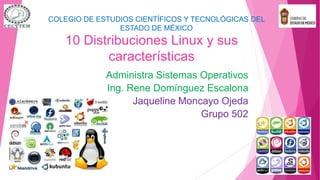 10 Distribuciones Linux y sus
características
Administra Sistemas Operativos
Ing. Rene Domínguez Escalona
Jaqueline Moncayo Ojeda
Grupo 502
COLEGIO DE ESTUDIOS CIENTÍFICOS Y TECNOLÓGICAS DEL
ESTADO DE MÉXICO
 