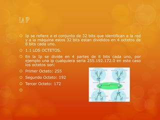 LA IP
 Ip se refiere a el conjunto de 32 bits que identifican a la red
y a la máquina estos 32 bits estan divididos en 4 octetos de
8 bits cada uno.
 1.1 LOS OCTETOS.
 En la Ip se divide en 4 partes de 8 bits cada uno, por
ejemplo una ip cualquiera seria 255.192.172.0 en este caso
los octetos son:
 Primer Octeto: 255
 Segundo Octeto: 192
 Tercer Octeto: 172

 