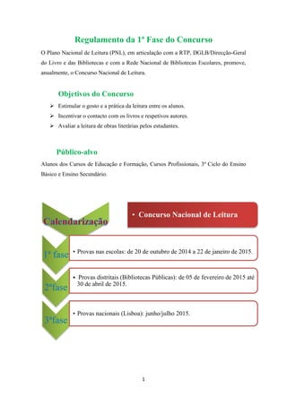 1
Regulamento da 1ª Fase do Concurso
O Plano Nacional de Leitura (PNL), em articulação com a RTP, DGLB/Direcção-Geral
do L...