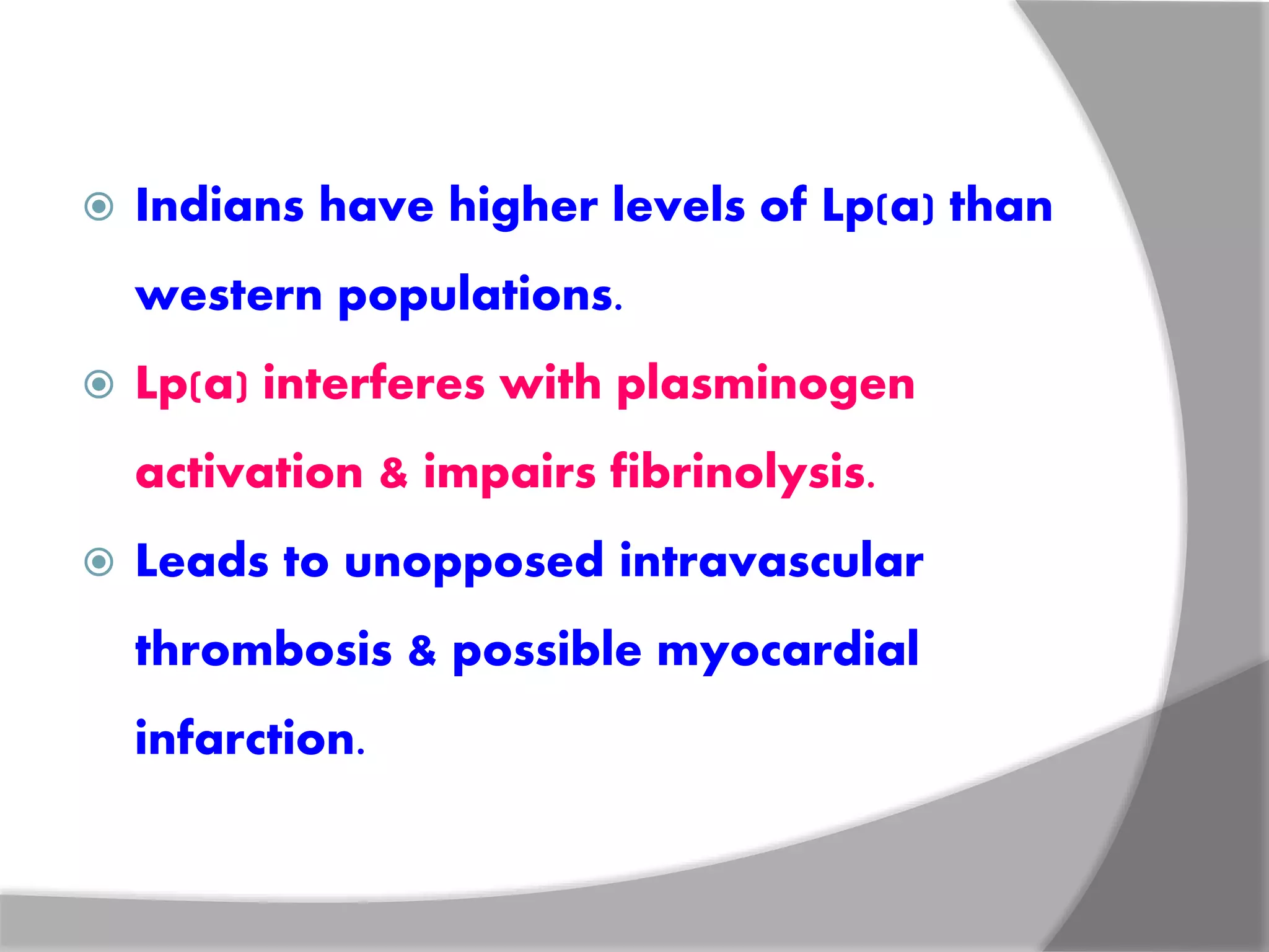  Indians have higher levels of Lp(a) than
western populations.
 Lp(a) interferes with plasminogen
activation & impairs fibrinolysis.
 Leads to unopposed intravascular
thrombosis & possible myocardial
infarction.
 