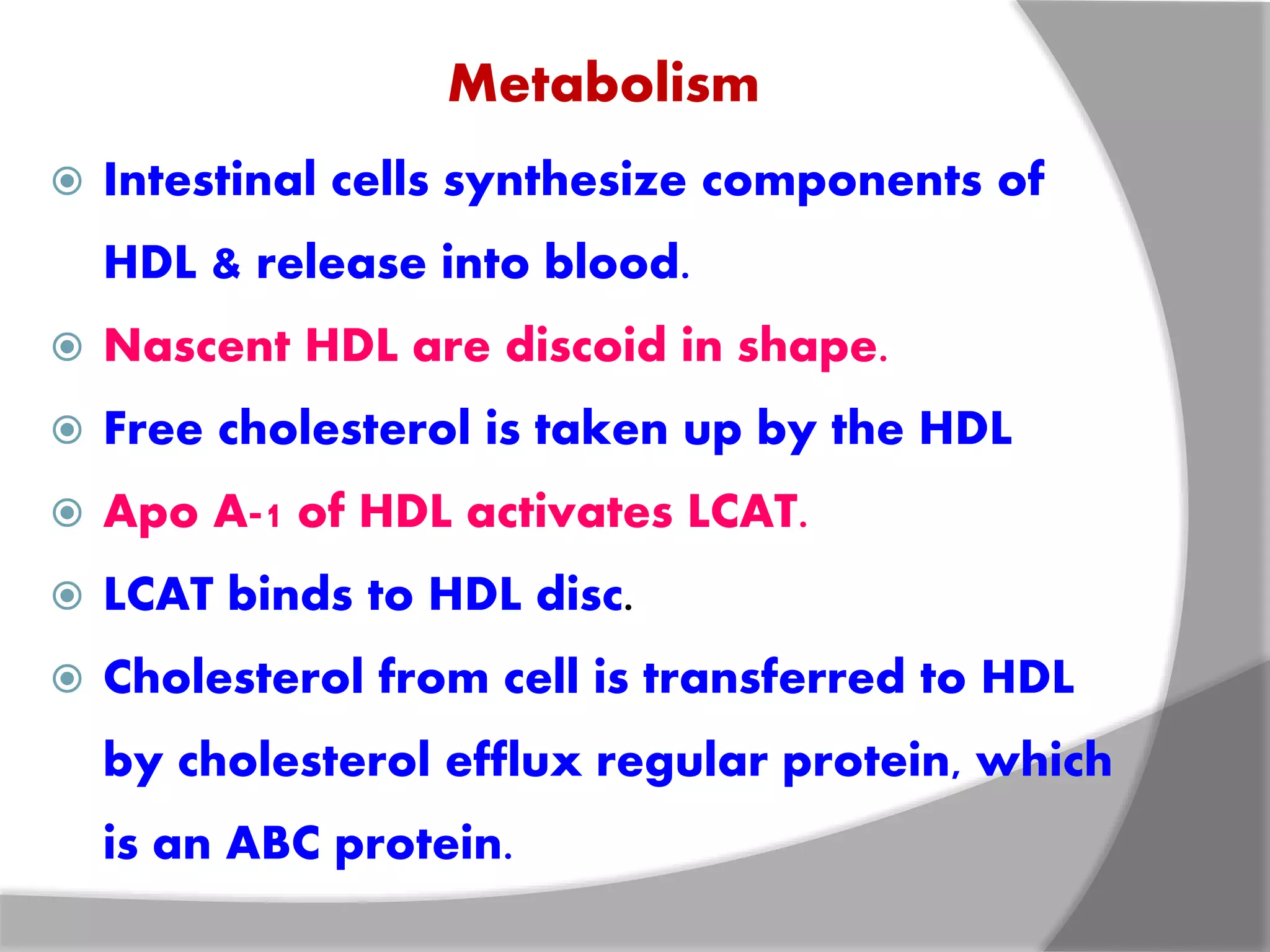 Metabolism
 Intestinal cells synthesize components of
HDL & release into blood.
 Nascent HDL are discoid in shape.
 Free cholesterol is taken up by the HDL
 Apo A-1 of HDL activates LCAT.
 LCAT binds to HDL disc.
 Cholesterol from cell is transferred to HDL
by cholesterol efflux regular protein, which
is an ABC protein.
 