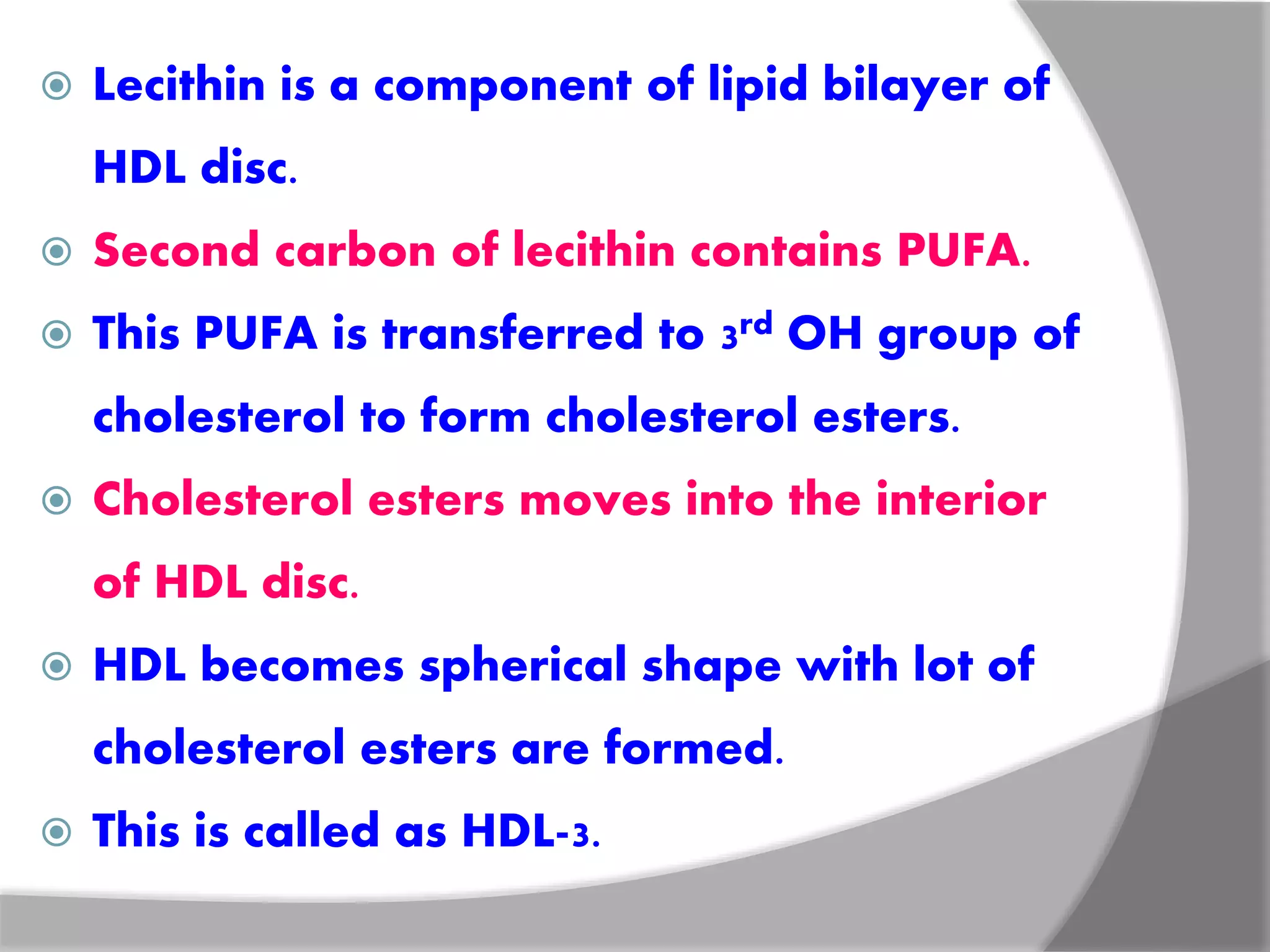 Lecithin is a component of lipid bilayer of
HDL disc.
 Second carbon of lecithin contains PUFA.
 This PUFA is transferred to 3rd OH group of
cholesterol to form cholesterol esters.
 Cholesterol esters moves into the interior
of HDL disc.
 HDL becomes spherical shape with lot of
cholesterol esters are formed.
 This is called as HDL-3.
 