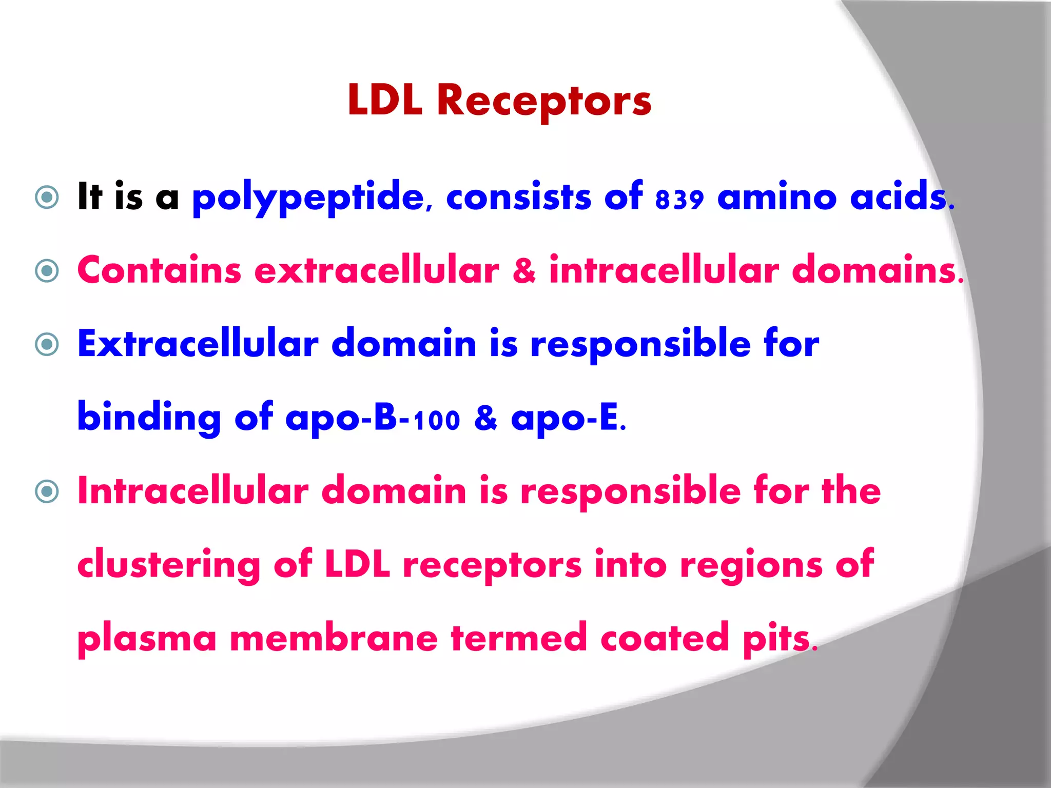 LDL Receptors
 It is a polypeptide, consists of 839 amino acids.
 Contains extracellular & intracellular domains.
 Extracellular domain is responsible for
binding of apo-B-100 & apo-E.
 Intracellular domain is responsible for the
clustering of LDL receptors into regions of
plasma membrane termed coated pits.
 
