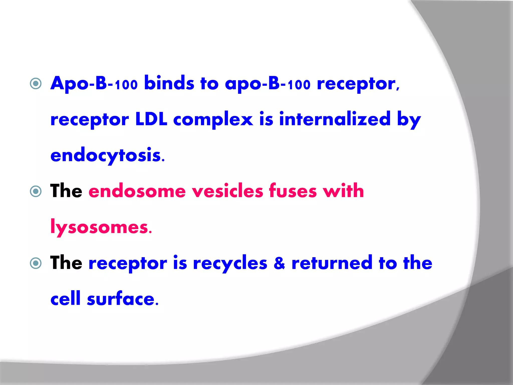  Apo-B-100 binds to apo-B-100 receptor,
receptor LDL complex is internalized by
endocytosis.
 The endosome vesicles fuses with
lysosomes.
 The receptor is recycles & returned to the
cell surface.
 