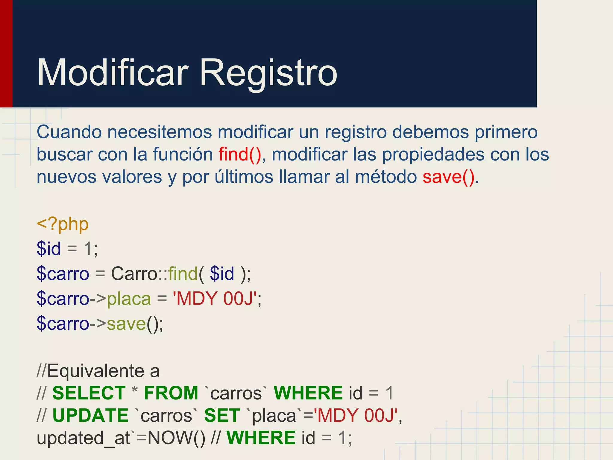 Modificar Registro
Cuando necesitemos modificar un registro debemos primero
buscar con la función find(), modificar las propiedades con los
nuevos valores y por últimos llamar al método save().
<?php
$id = 1;
$carro = Carro::find( $id );
$carro->placa = 'MDY 00J';
$carro->save();
//Equivalente a
// SELECT * FROM `carros` WHERE id = 1
// UPDATE `carros` SET `placa`='MDY 00J',
updated_at`=NOW() // WHERE id = 1;
 