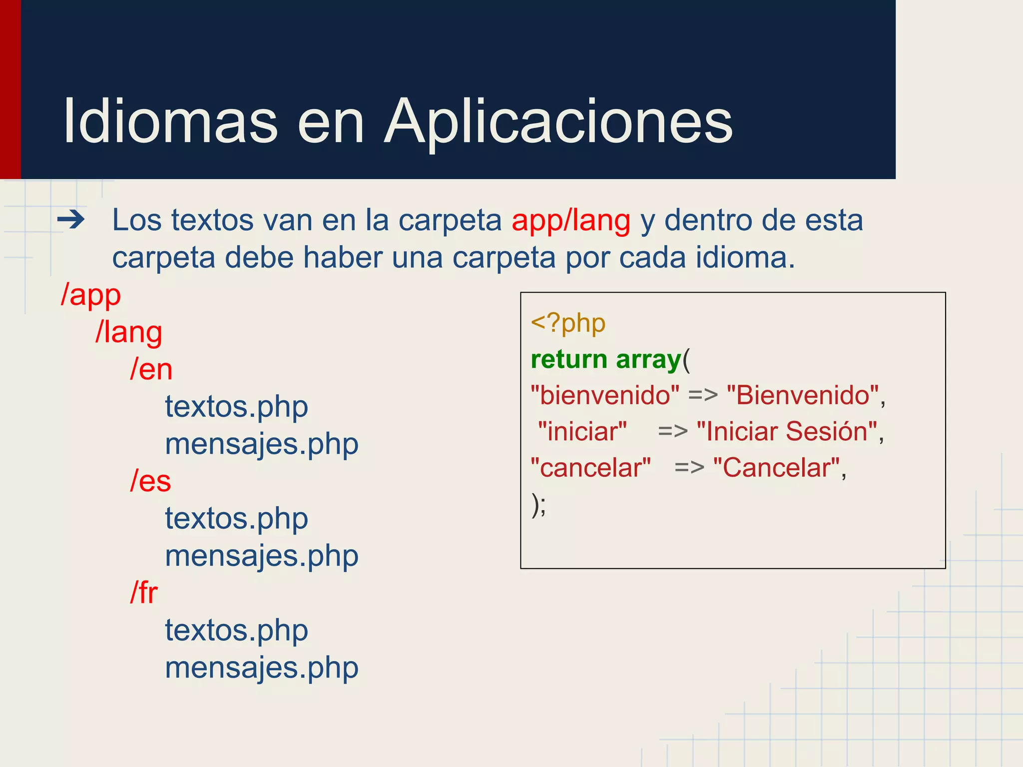 Idiomas en Aplicaciones
➔ Los textos van en la carpeta app/lang y dentro de esta
carpeta debe haber una carpeta por cada idioma.
/app
/lang
/en
textos.php
mensajes.php
/es
textos.php
mensajes.php
/fr
textos.php
mensajes.php
<?php
return array(
"bienvenido" => "Bienvenido",
"iniciar" => "Iniciar Sesión",
"cancelar" => "Cancelar",
);
 