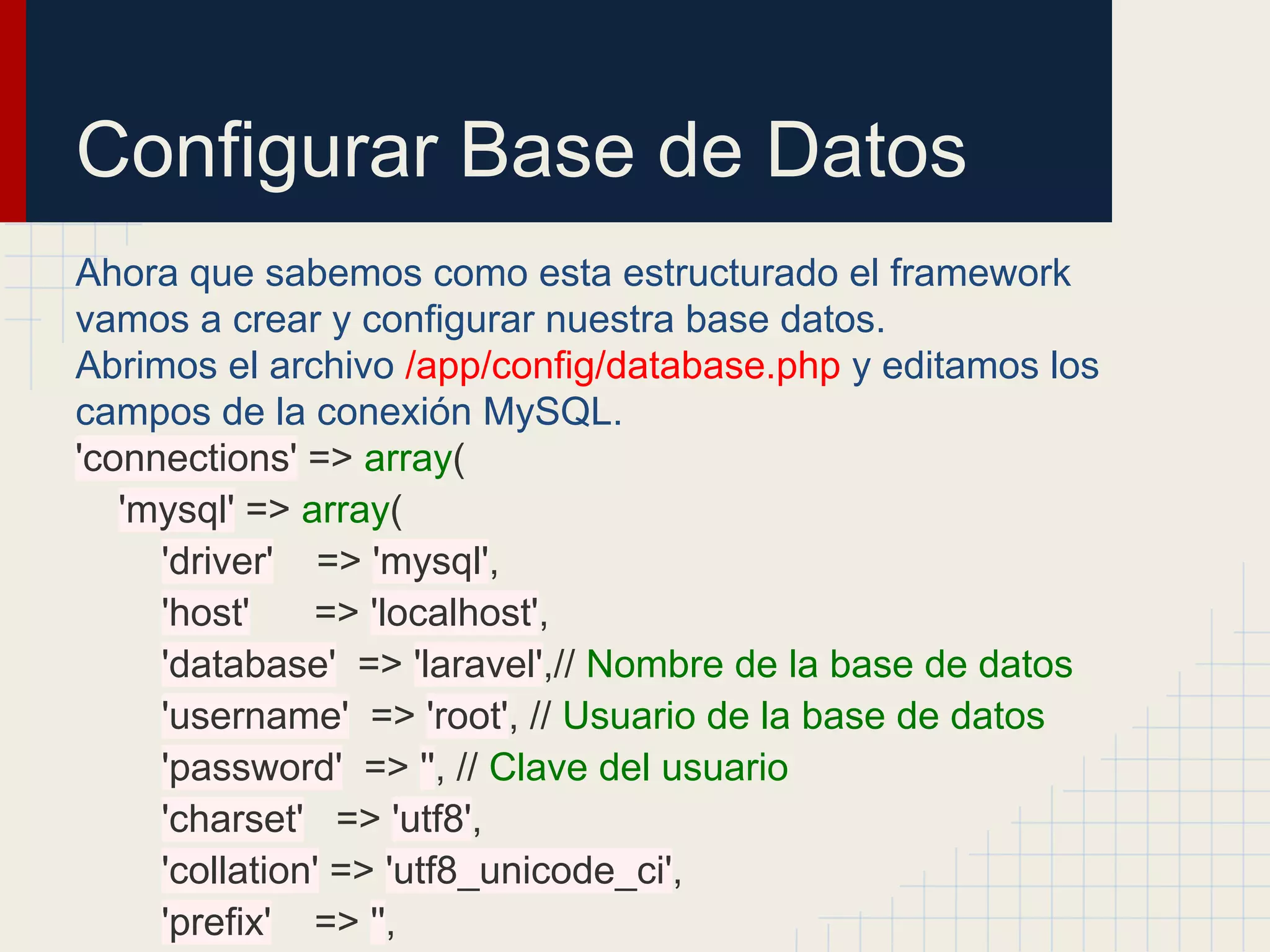 Configurar Base de Datos
Ahora que sabemos como esta estructurado el framework
vamos a crear y configurar nuestra base datos.
Abrimos el archivo /app/config/database.php y editamos los
campos de la conexión MySQL.
'connections' => array(
'mysql' => array(
'driver' => 'mysql',
'host' => 'localhost',
'database' => 'laravel',// Nombre de la base de datos
'username' => 'root', // Usuario de la base de datos
'password' => '', // Clave del usuario
'charset' => 'utf8',
'collation' => 'utf8_unicode_ci',
'prefix' => '',
 