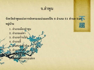 จ.ลาพูน
จังหวัดลาพูนแบ่งการปกครองแบ่งออกเป็ น 8 อาเภอ 51 ตาบล 520
หมู่บ้าน
1. อาเภอเมืองลาพูน
2. อาเภอแม่ทา
3. อาเภอบ้านโฮ่ง
4. อาเภอลี้
5. อาเภอทุ่งหัวช้าง
6. อาเภอป่าซาง
7. อาเภอบ้านธิ
8. อาเภอเวียงหนองล่อง
 