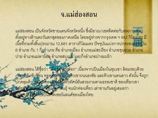 จ.แม่ฮ่องสอน
แม่ฮ่องสอน เป็นจังหวัดชายแดนจังหวัดหนึ่ง ซึ่งมีอาณาเขตติดต่อกับสหภาพพม่า
ตั้งอยู่ทางด้านตะวันตกสุดของภาคเหนือ โดยอยู่ห่างจากกรุงเทพ ฯ 942 กิโลเมตร มี
เนื้อที่รวมทั้งสิ้นประมาณ 12,681 ตารางกิโลเมตร ปัจจุบันแบ่งการปกครองออกเป็น
6 อาเภอ กับ 1 กิ่งอาเภอ คือ อาเภอเมือง อาเภอแม่สะเรียง อาเภอขุนยวม อาเภอ
ปาย อาเภอแม่ลาน้อย อาเภอสบเมย และกิ่งอาเภอปางมะผ้า
แม่ฮ่องสอน ได้ชื่อว่า “เมืองสามหมอก” เนื่องจากเป็นเมืองในหุบเขา ล้อมรอบด้วย
ภูเขาสลับซับซ้อน ทอดขนานไปกับทิวเขาถนนธงชัย และทิวเขาแดนลาว ดังนั้น จึงถูก
ปกคลุมด้วยหมอกตลอดทั้งปี มีทิวทัศน์อันสวยงามตามธรรมชาติ ของเทือกเขา
สลับซับซ้อนและป่าไม้นานาพันธุ์ จนนักท่องเที่ยว เล่าขานกันอยู่เสมอว่า
เปรียบเสมือนกับเป็นสวิตเซอร์แลนด์ของเมืองไทย
 