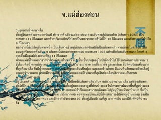 จ.แม่ฮ่องสอน
วนอุทยานน้าตกผาเสื่อ
ตั้งอยู่ในเขตตาบลหมอกจาแป่ ห่างจากตัวเมืองแม่ฮ่องสอน ตามเส้นทางสู่อาเภอปาย (เส้นทาง 1095) เป็น
ระยะทาง 17 กิโลเมตร แยกซ้ายบริเวณบ้านรักไทยเป็นทางราดยางเข้าไปอีก 12 กิโลเมตร และเข้าทางลูกรังไปอีก
8 กิโลเมตร
นอกจากนี้ยังมีอีกเส้นทางหนึ่ง เป็นเส้นทางเข้าหมู่บ้านหมอกจาแป่ซึ่งเป็นเส้นทางเก่า ทางเข้ายังไม่สะดวก เป็น
ถนนลูกรังตลอดทั้งเส้นทาง เส้นทางนี้แยกมาจากทางหลวงหมายเลข 1095 แต่จะถึงก่อนเส้นทางแรก โดยห่าง
จากตัวเมืองแม่ฮ่องสอนเพียง 14 กิโลเมตร
น้าตกแห่งนี้ไหลลงมาจากน้าตกแม่สะงาในพม่า มี 6 ชั้น ชั้นบนสุดอยู่ในป่าลึกเข้าไป ใช้เวลาเดินทางประมาณ 1
ชั่วโมง คือน้าตกแม่สะงากลาง ถัดออกมาเป็นชั้นผายาว ผาลาด ผาเสื่อ ผาตั้ง และผาอ้อม ชั้นที่คนนิยมเที่ยวมาก
ที่สุดคือผาเสื่อ ซึ่งมีน้าตกลงมากระทบแผ่นหินกระเด็นเป็นฝอย และสองข้างน้าตก มีแผ่นหินลักษณะคล้ายเสื่อปู
ลาดอยู่จานวนมาก น้าตกมีขนาดใหญ่ และน้ามากตลอดปี น้ามากที่สุดในช่วงเดือนสิงหาคม-กันยายน
พระตาหนักปางตอง
อยู่ในเขตตาบลหมอกจาแป่ สามารถเดินทางไปโดยใช้เส้นทางเดียวกับทางเข้าวนอุทยานผาเสื่อ แต่ต้องเดินทาง
ต่อไปอีก 5 กิโลเมตร ตัวเรือนประทับแรมตั้งอยู่บนยอดเขาสูงที่บ้านปางตอง ในโครงการพัฒนาพื้นที่สูงปางตอง
มีทิวทัศน์บริเวณสองข้างทางที่สวยงาม ทางรถยนต์เข้าถึงและสามารถเดินทางไปสู่หมู่บ้านแม้วนาป่าแปก ซึ่งเป็น
หมู่บ้านชาวเขาเผ่าแม้ว ที่สุขสงบและน่ารักมากเลย ต่อจากหมู่บ้านแม้วนี้ก็จะสามารถไปถึงหมู่บ้านแม่ออ ซึ่งเป็น
หมู่บ้านชายแดนไทย-พม่า และมีกองกาลังกองพล 93 ตั้งอยู่เป็นบริเวณที่สูง อากาศเย็น และมีทิวทัศน์ที่น่าชม
ยิ่ง
 