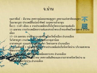 จ.น่าน
กุมภาพันธ์ - มีนาคม เทศกาลผ่อดอกชมพูภูคา อุทยานแห่งชาติดอยภูคา
วันมาฆะบูชา ประเพณีขึ้นบ่อน้าทิพย์ วนอุทยานถ้าผาตูบ
ขึ้น11-15ค่า เดือน 4 งานประเพณีหกเป็งไหว้พระบรมธาตุแช่แห้ง
13 เมษายน งานประเพณีสงกรานต์และสรงน้าพระเจ้าทองทิพย์วัดสวนตาล อาเภอ
เมือง
17-19 เมษายน งานสักการะเสาหลักเมืองวัดมิ่งเมือง อาเภอเมือง
วันวิสาขบูชา งานประเพณีนมัสการพระธาตุเขาน้อย
อาสาฬหบูชา งานแห่เทียนเข้าพรรษา วัดสวนตาล อาเภอเมือง
เสาร์-อาทิตย์ที่ 1 หลังออกพรรษา งานประเพณีแข่งเรือจังหวัดน่าน บริเวณสะพาณ
พัฒนาภาคเหนือ อาเภอเมือง
ขึ้น 15 ค่า เดือน 12 งานประเพณีลอยกระทง อาเภอเมือง
สัปดาห์ที่ 3 ของเดือนธันวาคม เทศกาลส้มสีทองและงานกาชาดจังหวัดน่าน ณ
สนามกีฬาจังหวัดน่าน อาเภอเมือง
 