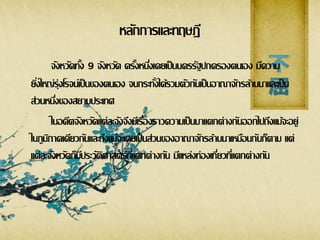 หลักการและทฤษฎี
จังหวัดทั้ง 9 จังหวัด ครั้งหนึ่งเคยเป็นนครรัฐปกครองตนเอง มีความ
ยิ่งใหญ่รุ่งโรจน์เป็นของตนเอง จนกระทั่งได้รวมตัวกันเป็นอาณาจักรล้านนาและเป็น
ส่วนหนึ่งของสยามประเทศ
ในอดีตจังหวัดแต่ละจังจึงมีเรื่องราวความเป็นมาแตกต่างกันออกไปถึงแม้จะอยู่
ในภูมิภาคเดียวกันและถึงแม้จะเคยเป็นส่วนของอาณาจักรล้านนาเหมือนกันก็ตาม แต่
แต่ละจังหวัดก็มีประวัติศาสตร์ที่แตกต่างกัน มีแหล่งท่องเที่ยวที่แตกต่างกัน
 