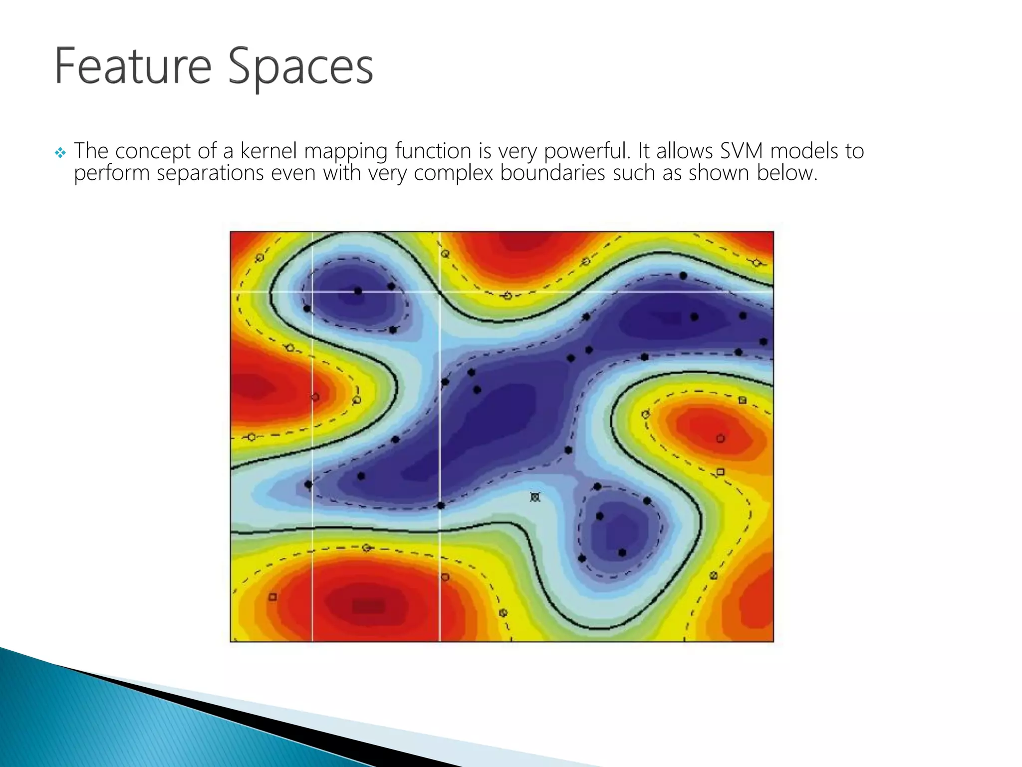  The concept of a kernel mapping function is very powerful. It allows SVM models to
perform separations even with very complex boundaries such as shown below.
 