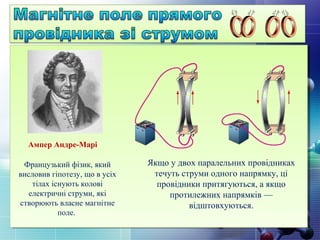 Якщо у двох паралельних провідниках
течуть струми одного напрямку, ці
провідники притягуються, а якщо
протилежних напрямків —
відштовхуються.
Французький фізик, який
висловив гіпотезу, що в усіх
тілах існують колові
електричні струми, які
створюють власне магнітне
поле.
Ампер Андре-Марі
 