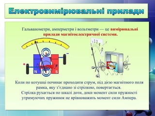 Гальванометри, амперметри і вольтметри — це вимірювальні
прилади магнітоелектричної системи.
Коли по котушці починає проходити струм, під дією магнітного поля
рамка, яку з’єднано зі стрілкою, повертається.
Стрілка рухається по шкалі доти, доки момент сили пружності
утримуючих пружинок не врівноважить момент сили Ампера.
 