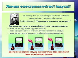 До початку ХІХ ст. людству були відомі тільки хімічні
джерела струму – гальванічні елементи.
Майкл Фарадей “Перетворити магнетизм в електрику!”
Виникнення струму в котушці фіксується гальванометром:
— якщо магніт нерухомий, струм не виникає;
— якщо виводити магніт із котушки, стрілка відхиляється ліворуч;
— якщо магніт уводити в котушку, стрілка відхиляється праворуч.
Електричний струм у котушці виникає тільки тоді, коли магніт
рухається відносно котушки.
 