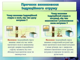 Висновок: індукційний струм
виникає лише під час зміни
магнітного поля в замкненому
контурі; напрям індукційного
струму залежить від того
збільшується магнітне поле чи
зменшується.
Висновок: індукційний струм
виникає в нерухомій котушці при
зміні магнітного поля іншої котушки
( немає різниці, що є джерелом
змінного магнітного поля: рухома
котушка зі струмом чи магніт, що
рухається).
 