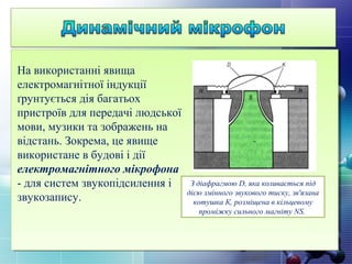На використанні явища
електромагнітної індукції
ґрунтується дія багатьох
пристроїв для передачі людської
мови, музики та зображень на
відстань. Зокрема, це явище
використане в будові і дії
електромагнітного мікрофона
- для систем звукопідсилення і
звукозапису.
З діафрагмою D, яка коливається під
дією змінного звукового тиску, зв'язана
котушка К, розміщена в кільцевому
проміжку сильного магніту NS.
 